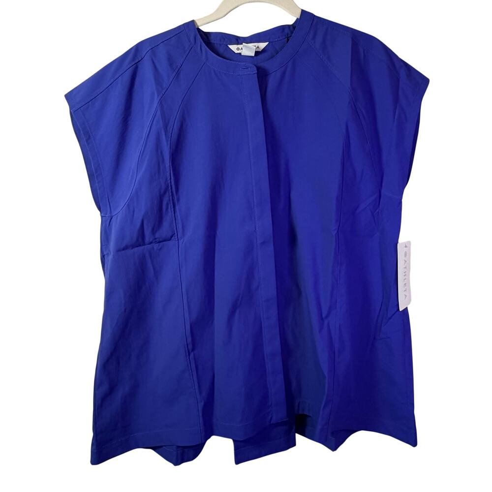 Athleta Performance Poplin Popover Short Sleeve Lazurite Blue Button Top L NWT - Picture 3 of 8